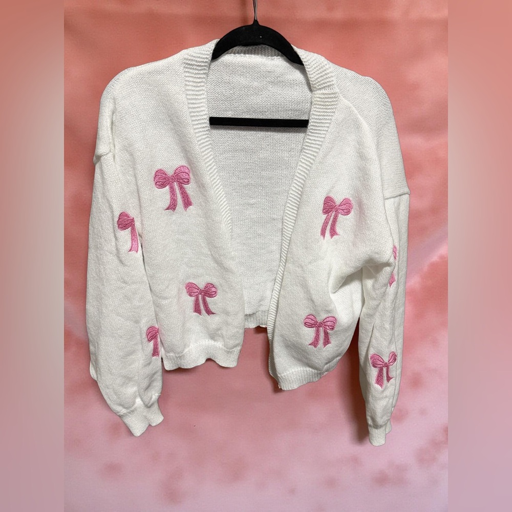 Cream Knit Cardigan with Pink Bow Details | Coquette | Cottagecore. Size XL